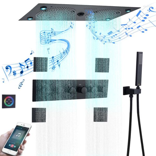 Ensembles de douche de salle de bain mitigeur thermostatique noir mat 620 320mm LED avec ensemble de système de fonctions musicales tenu dans la main