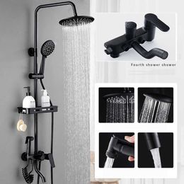 Juegos de ducha de baño OUIO Juego de grifo de ducha de baño negro Montaje en pared Cabezal de ducha de lluvia con rociador de mano con estante Mezclador de ducha de bañera G230525