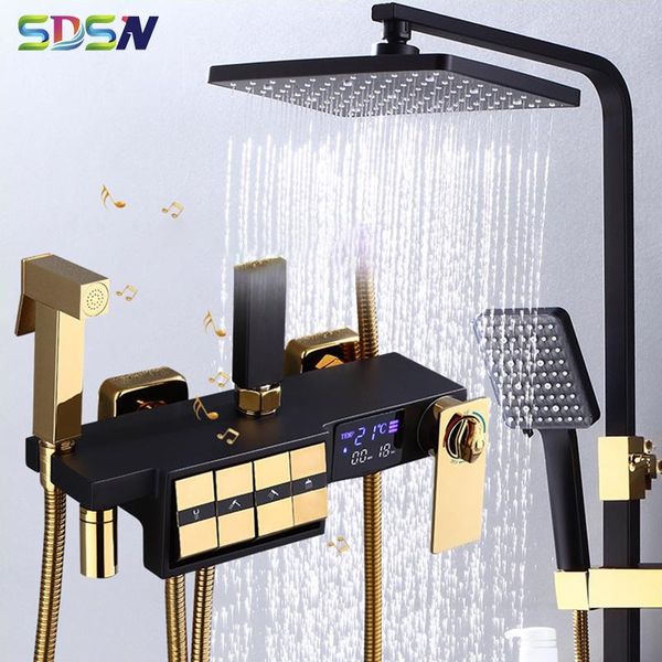 Juegos de ducha de baño Juego de piano digital SDSN Latón macizo Negro Oro Grifo termostático Pianoforte de lujo