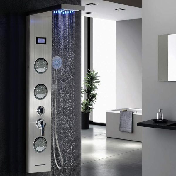 Juegos de ducha de baño Grifo de luz LED plateado Sistema de columna de chorro de masaje SPA Cascada Lluvia Panel LCD Grifo rociador de bidé