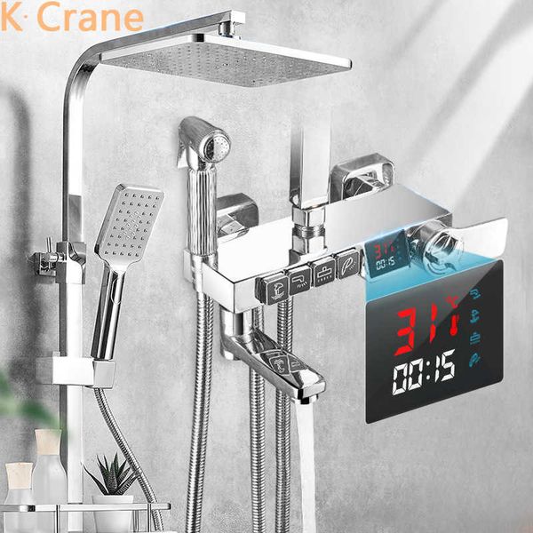 Set doccia da bagno Sistema doccia termostatico Bagno a parete LED Docce digitali Set Miscelatore acqua calda fredda Rubinetto vasca Testa quadrata Pioggia G230525