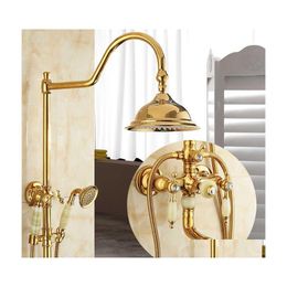 Ensembles de douche de salle de bains Tuqiu Baignoire et robinet en laiton doré Jade Set mural pluie main goutte livraison maison robinets de jardin douches A Dha1V