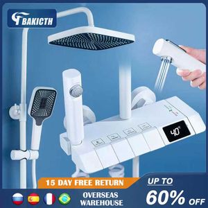 Bathroom Shower Sets White Piano Digital Shower Set Intelligent Brass Bathroom Faucets Hot Cold Waterfall Tap Rainfall Gray Shower System chuveiro G230525