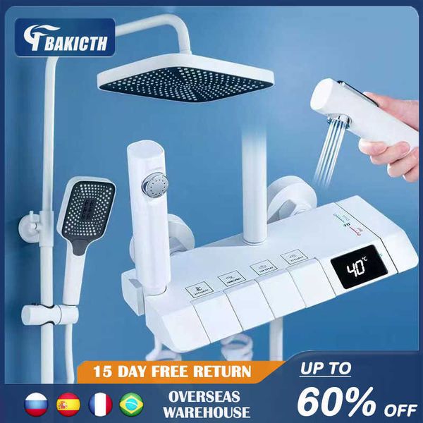 Juegos de ducha de baño Juego de ducha digital de piano blanco Grifos de baño de latón inteligente Grifo de cascada frío y caliente Sistema de ducha gris de lluvia chuveiro G230525