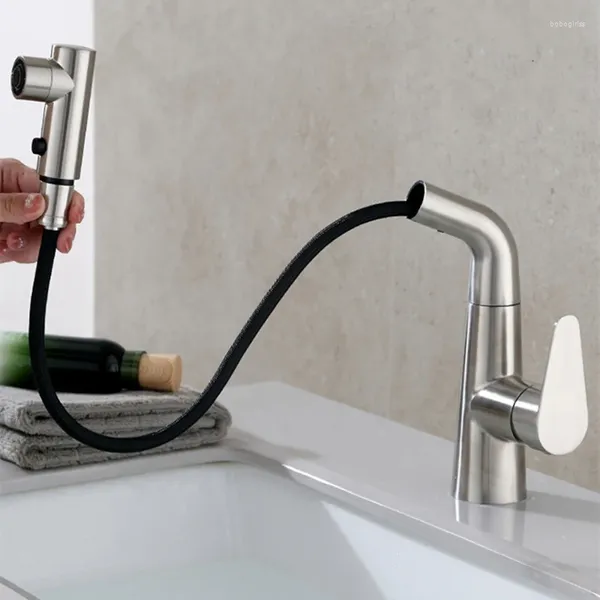 Grifos de lavabo de baño 1pc 304 grifo de cuenca de acero inoxidable cepillado/tracción negra tipo de agua de un botón parada de dos velocidades ajustable y fría