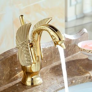 Grifos de lavabo de baño 2 Diseño de cuenca de estilo grifo de cisne Gold Gold El lavado de cobre de lujo y fría