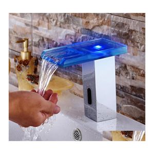 Badkamer wastafel kranen 2021 koperen bassin led kleur sense square glazen waterval slimme waterkracht temperatuur gevoelige druppel levering dhuij