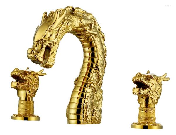 Robinets de lavabo de salle de bain 24k GOLD PVD Luxe GÉNÉRAL LAVABO DRAGON ROBINET Mitigeur Double Poignées Pont Monté Unique