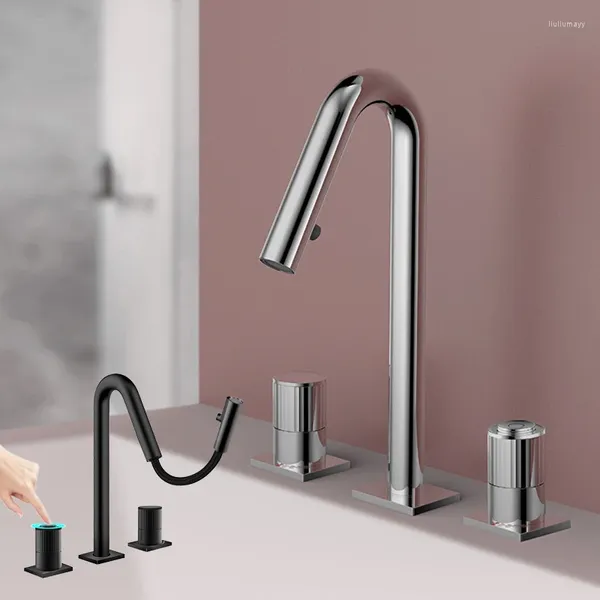 Grifos de lavabo de baño Grifo de lavabo de 3 orificios Grifo negro 59A Latón Botón inteligente Temperatura constante y mezclador de agua fría Diseño de curvatura