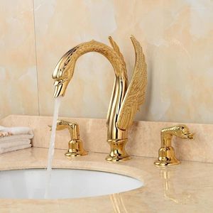 Robinets de lavabo de salle de bains 3 pièces Gold Clour Swan Robinet Mélangeur de lavabo largement répandu