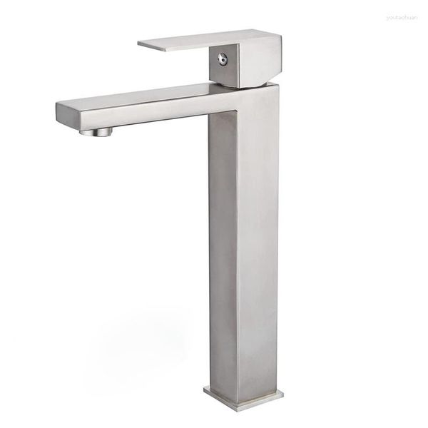 Grifos de lavabo de baño Grifo de lavabo de acero inoxidable 304 con un solo orificio cuadrado elevado Contador de dibujo de agua fría y mezclada Inferior