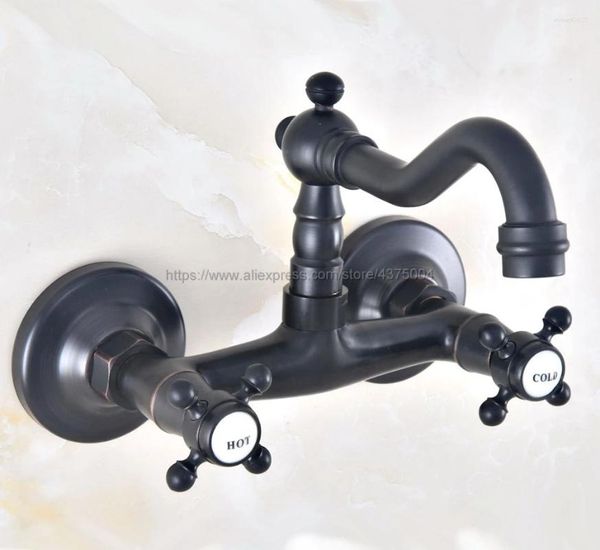 Robinets d'évier de salle de bains, robinet mitigeur de lavabo en Bronze frotté à l'huile pivotant à 360 degrés, robinet mitigeur de cuisine mural à double poignées Nnf458