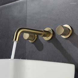 Grifos de lavabo de baño 59 # Grifo de lavabo de oro cepillado de latón y grifos mezcladores fríos Mango doble negro Tres agujeros Montado en la pared