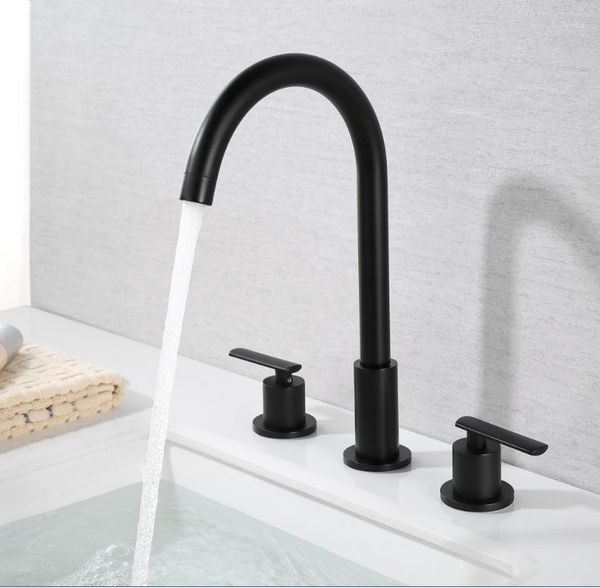 Robinets de lavabo de salle de bain tout en laiton noir robinet deux poignées trois trous bassin d'eau froide de haute qualité