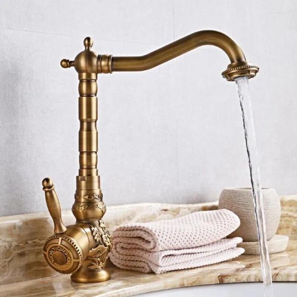 Robinets d'évier de salle de bains tout en cuivre, robinet rotatif antique européen, bassin sculpté vintage et eau froide