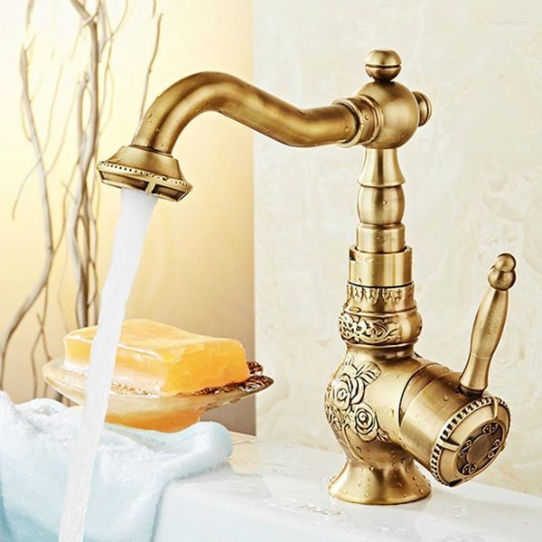 Grifos de lavabo de baño, grifo de latón antiguo, lavabo, grifos mezcladores de cocina clásicos Retro, grifo de agua con mango único giratorio tallado