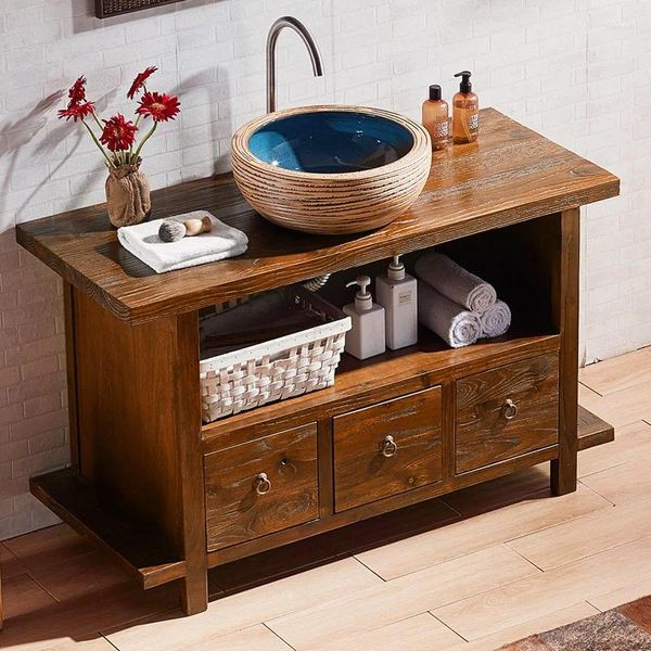 Robinets de lavabo de salle de bains Antique pastorale en bois massif, meuble de lavabo en orme, combinaison chinoise classique