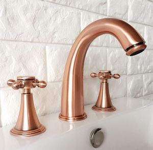 Grifos de fregadero de baño antiguo cobre rojo doble manguera cruzada montaje de 3 orificios para el lavabo de lavado de baño.