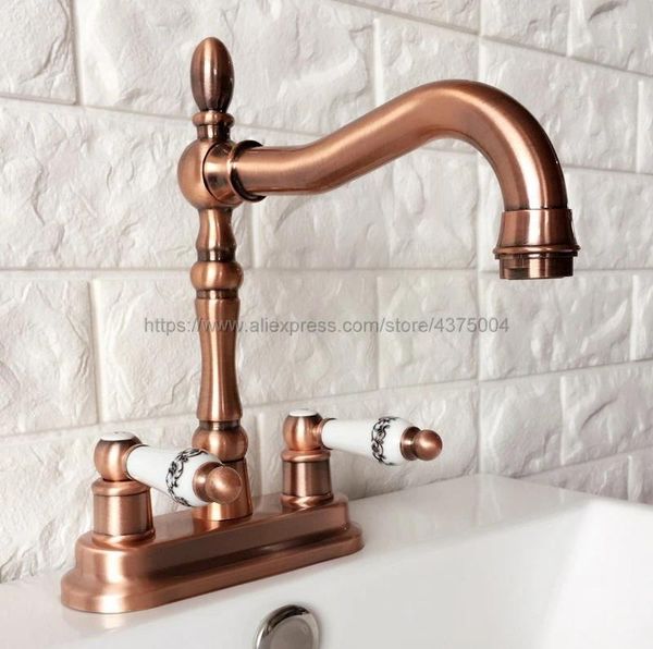 Grifos de lavabo de baño Antiguo grifo de cobre rojo grifo dual agujeros de latón buque fregaderos mezclador fría y agua cubierta de cubierta de toque nrg051