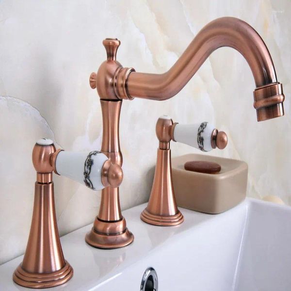 Rabinets de lavabo de salle de bain Antiques Red Copper Brass Deck Mounted Dual Patrières répandues 3 trous Basin Robinet mélangeur d'eau Taps MRG071