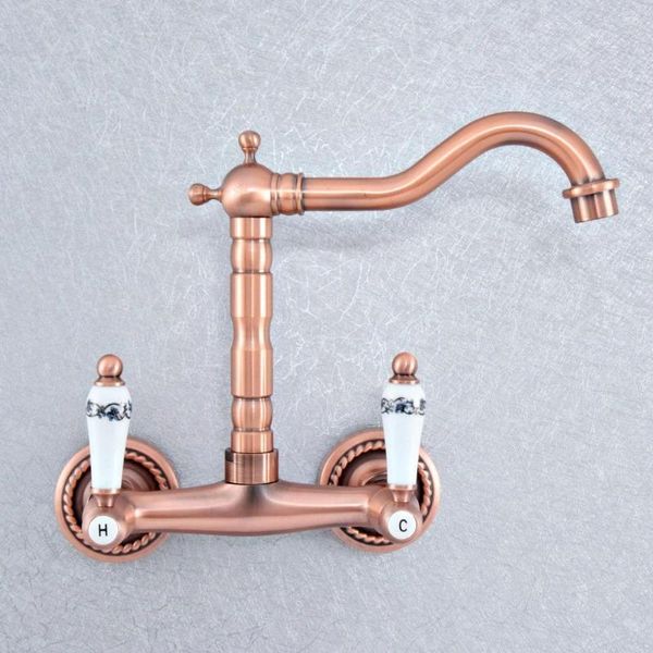 Grifos de lavabo de baño grifo de mezcla de lavabo de cobre rojo antiguo manijas dobles grifo mezclador de cocina montado en la pared Nsf873