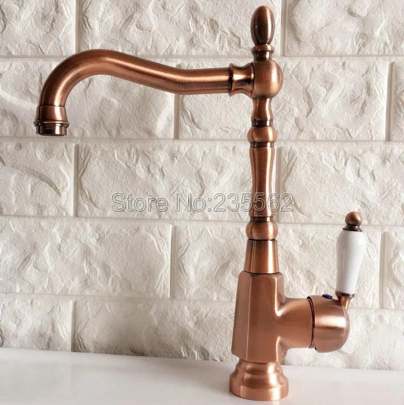 Bathroom Sink Faucets Antique Red Copper Kitchen Faucet Washbasin Ceramic Lever Cold & Water Mixer Taps Deck Mounted Lnf416