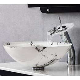 Badkamer Wastafel Kranen Gepantserde Art Glass Basin Plus Messing Waterval Kraan Koud Toilet Zwarte Kraan Set