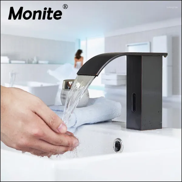 Grifos de lavabo de baño Manos automáticas Toque Sensor libre Free Soild Brass Black Orb Waterfall Wawler Basin Mezclador Greper de grifo de grifo