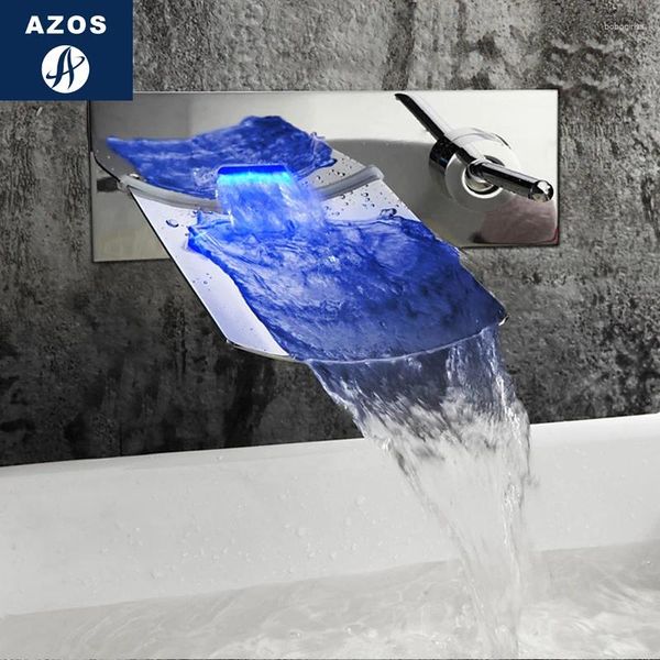 Grifos del fregadero del baño Azos Grifo en la pared Decoloración Cascada Latón Cromo Frío y interruptor Control de temperatura LED Ducha Cuarto de baño