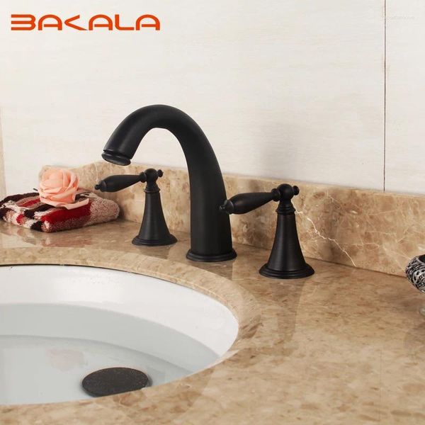 Robinets de lavabo de salle de bains BAKALA Bain Douche Noir / Doré / Robinet fini antique 3pcs Torneira Robinets Mélangeur rotatif de lavabo à double poignée