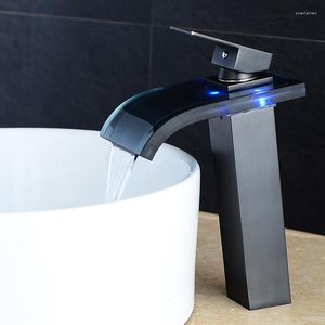 Robinets de lavabo de salle de bain Bakala Waterfall LED Robinet Verre en laiton noir Basin Orb Orb Tap Deck monté