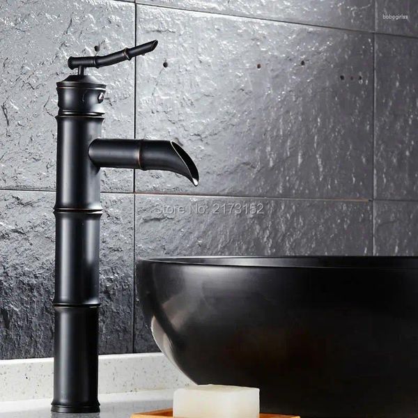 Grifos de lavabo de baño Forma de bambú alto Black Bronce Waterfall grifo de latón