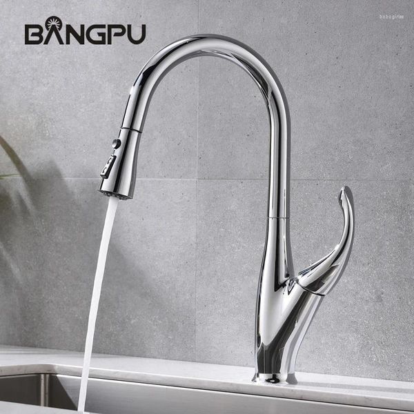 Robinets de lavabo de salle de bain Bangpu Kitchen Tire hors du robinet Deck Mouted Handle Handle Bas Stream Pulporzer Buzzle Chrome