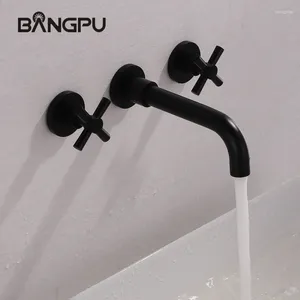 Robinets de lavabo de salle de bain Bangpu Robinet mural Basin noir 3 trous Rotary Spout Tap