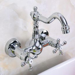 Grifos de lavabo de baño, grifo de cocina montado en la pared de latón cromado, mango doble, caño giratorio, grifo de agua fría Knf968