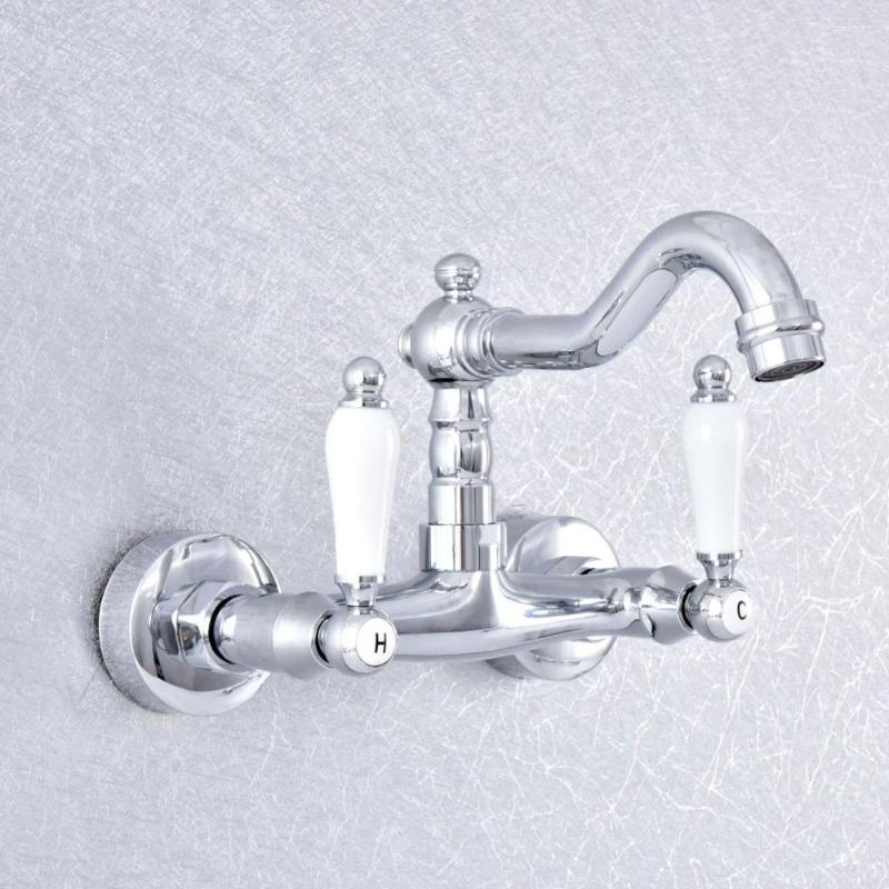 Раковина для ванной комнаты бассейн хромированные латунные стены монтированной кухонный кран двойной ручкой поворот холодной водой крана