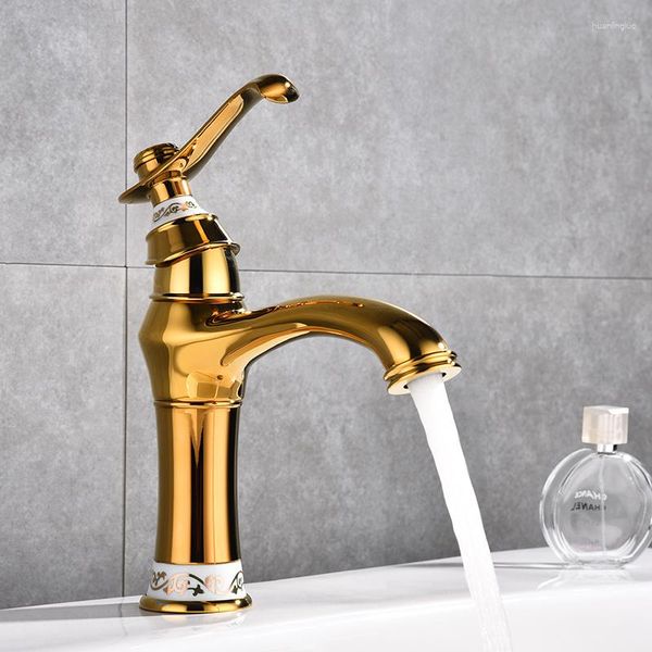 Robinets de lavabo de salle de bain bassin Euro Luxury Gold Jade Deck Robinet Single Handle Bath Bath Vanity Taps Brass Fabriqué