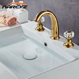 Grifos de lavabo de baño Grifo de lavabo y manija doble de oro frío con juego de 3 piezas de cristal Cascada separada LH-8036