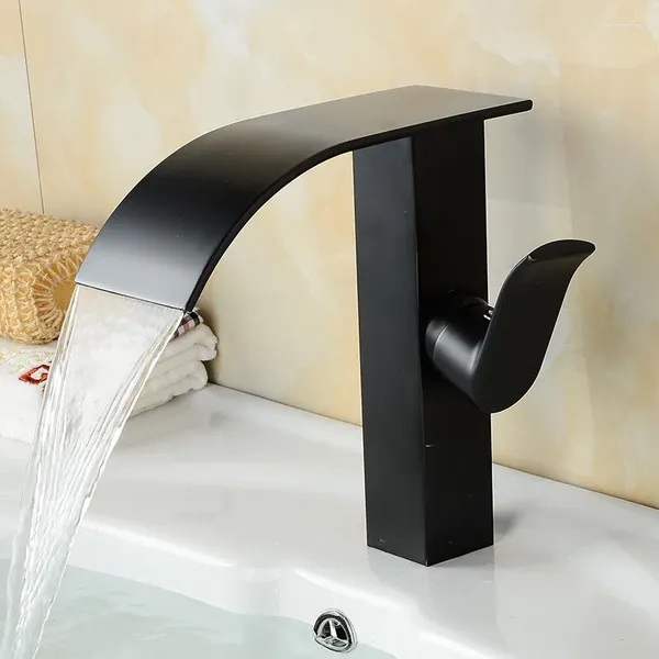 Grifos de lavabo de baño Grifo de lavabo y grifo mezclador frío Cascada de una sola manija Latón macizo Cubierta cuadrada Níquel negro