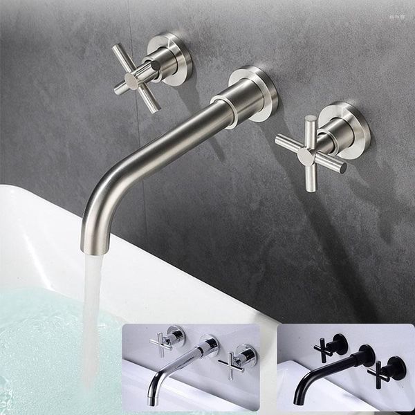 Grifos de lavabo de baño grifo de lavabo grifo mezclador de baño montaje en pared MaBlack con manijas cruzadas dobles agua fría cromo/acabado cepillado