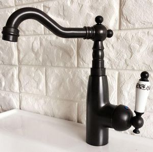 Badkamer wastafel kranen bassin kraan zwarte olie gewreven bronzen swivel spout was tap single handle greep mixer tnf375