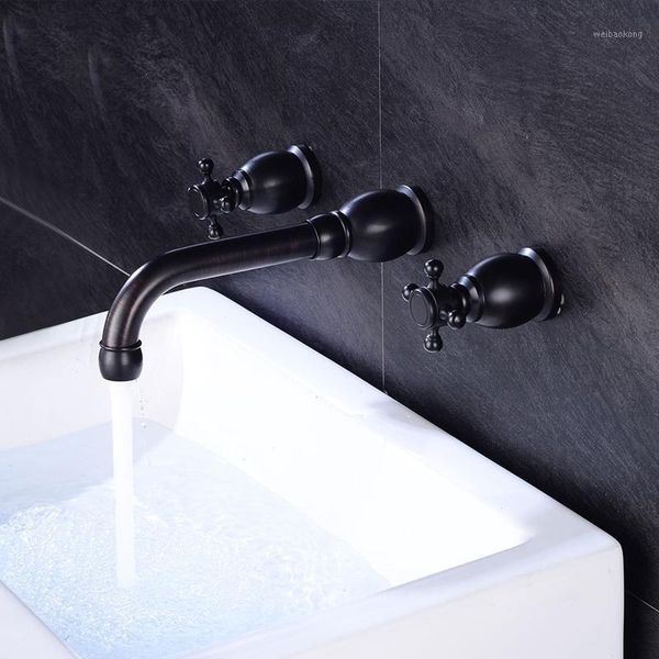 Grifos de lavabo de baño Grifo de lavabo Latón Negro Aceitado Montado en cubierta Mezclador generalizado 3 orificios Doble manija Grifo de agua fría1