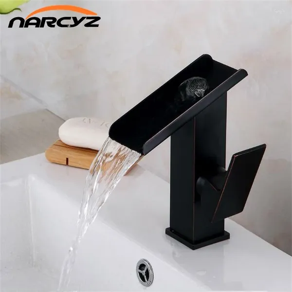 Grifos de lavabo de baño Grifo de lavabo Latón Negro Cascada Recipiente Sola manija Caño de vidrio Aceite Frotado Bronce Mezclador Grifo A1010