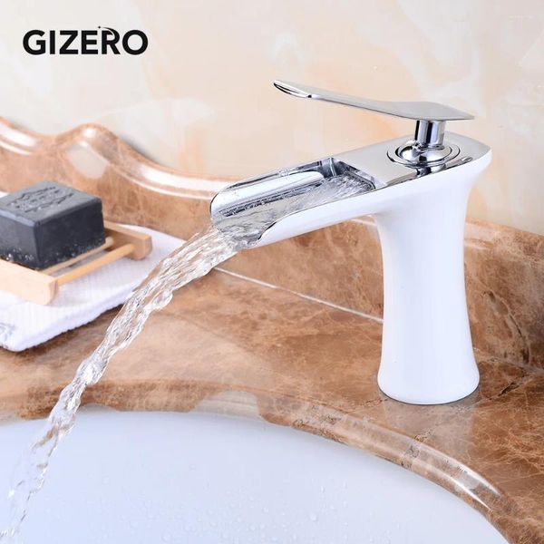 Grifos de lavabo de baño Grifo de lavabo Mezclador de latón de cobre Cascada WhiteChrome Grifos de agua de un solo mango Montado en la pared ZR592