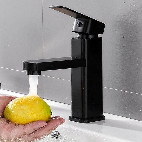 Grifos para lavabo de baño Grifo para lavabo Mezclador montado en encimera y frío Lavabo negro con manguera