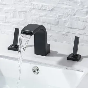 Grifos de lavabo de baño Grifo de lavabo Montado en cubierta Negro Mango doble Grifo mezclador de 3 orificios Tocador de latón macizo