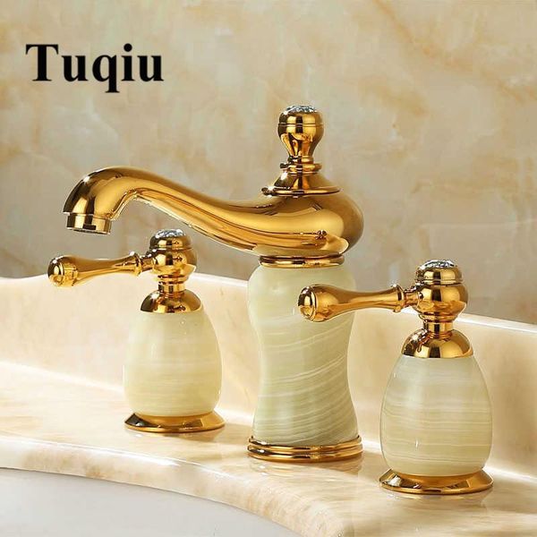 Grifos para lavabo de baño, grifo para lavabo, latón dorado, Jade, mezclador generalizado de 3 orificios, manija doble y grifo de agua fría, llegada