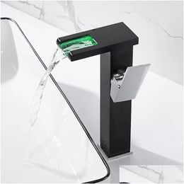 Robinets de lavabo de salle de bains, robinet de lavabo à LED cascade, robinet en laiton noir. Mitigeur monté sur le pont, livraison directe, douches de jardin à domicile, accessoires Dhqdl