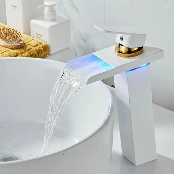 Robinets de lavabo de salle de bains, robinet de lavabo LED, cascade blanche et dorée, robinet mitigeur froid à trou unique, Torneira