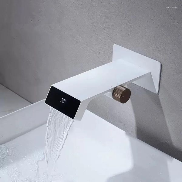 Robinets de lavabo de salle de bains Robinet de lavabo Mixe Robinet en laiton gris Affichage numérique de la température murale avec boîte intégrée Type de cascade Blanc froid